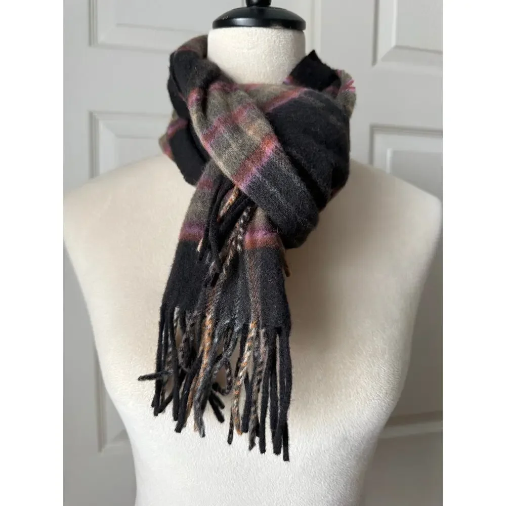 100% Cashmere Black & Pink Plaid Scarf Made in Germany Quiet Luxury Cozy‎
